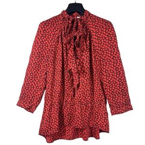 Leifsdottir Anthropologie 100% Silk Peplum Blouse Womens S Red Floral V-Neck Bow